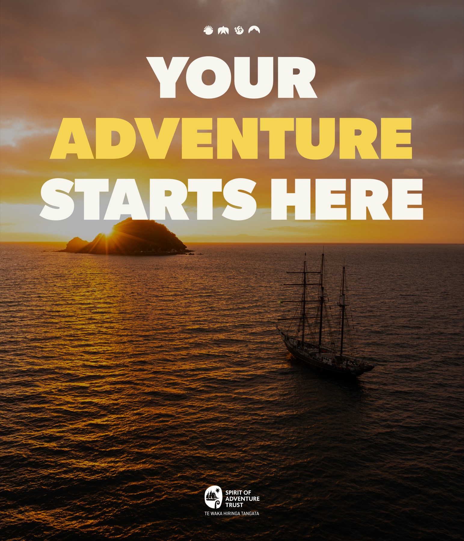 Poster reading Your Adventure Starts Here over the ship at sunset