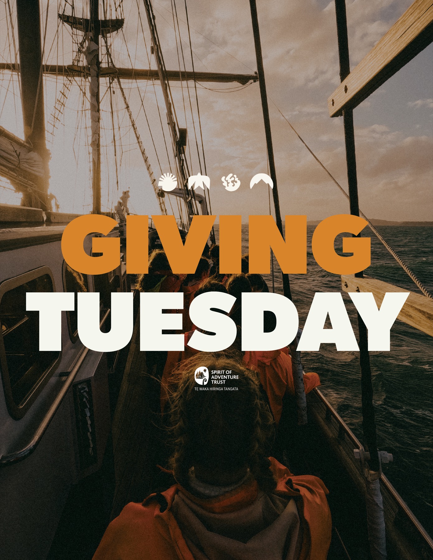 Giving Tuesday campaign artwork looking down the deck as trainees sail