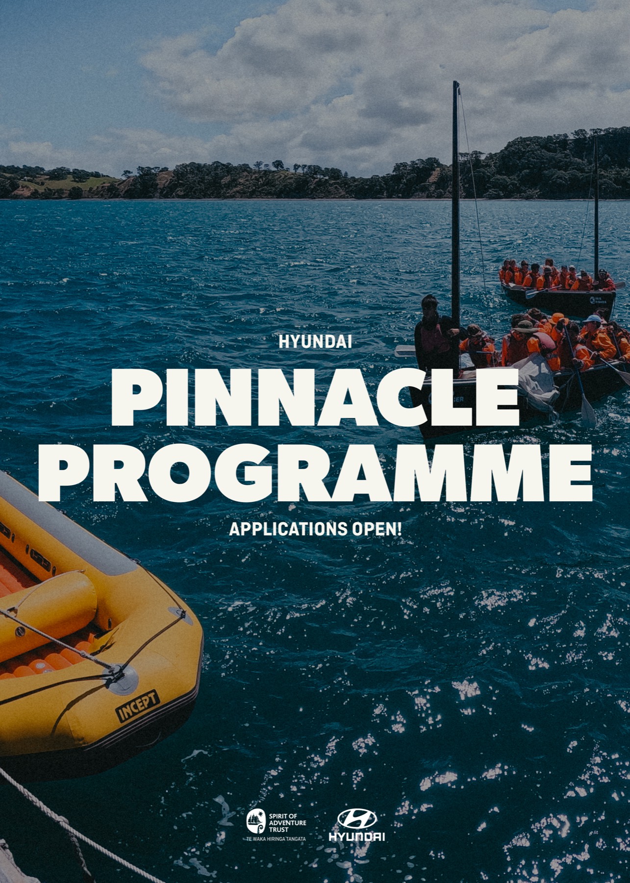 Hyundai Pinnacle Programme poster with trainees in a tender alongside the ship