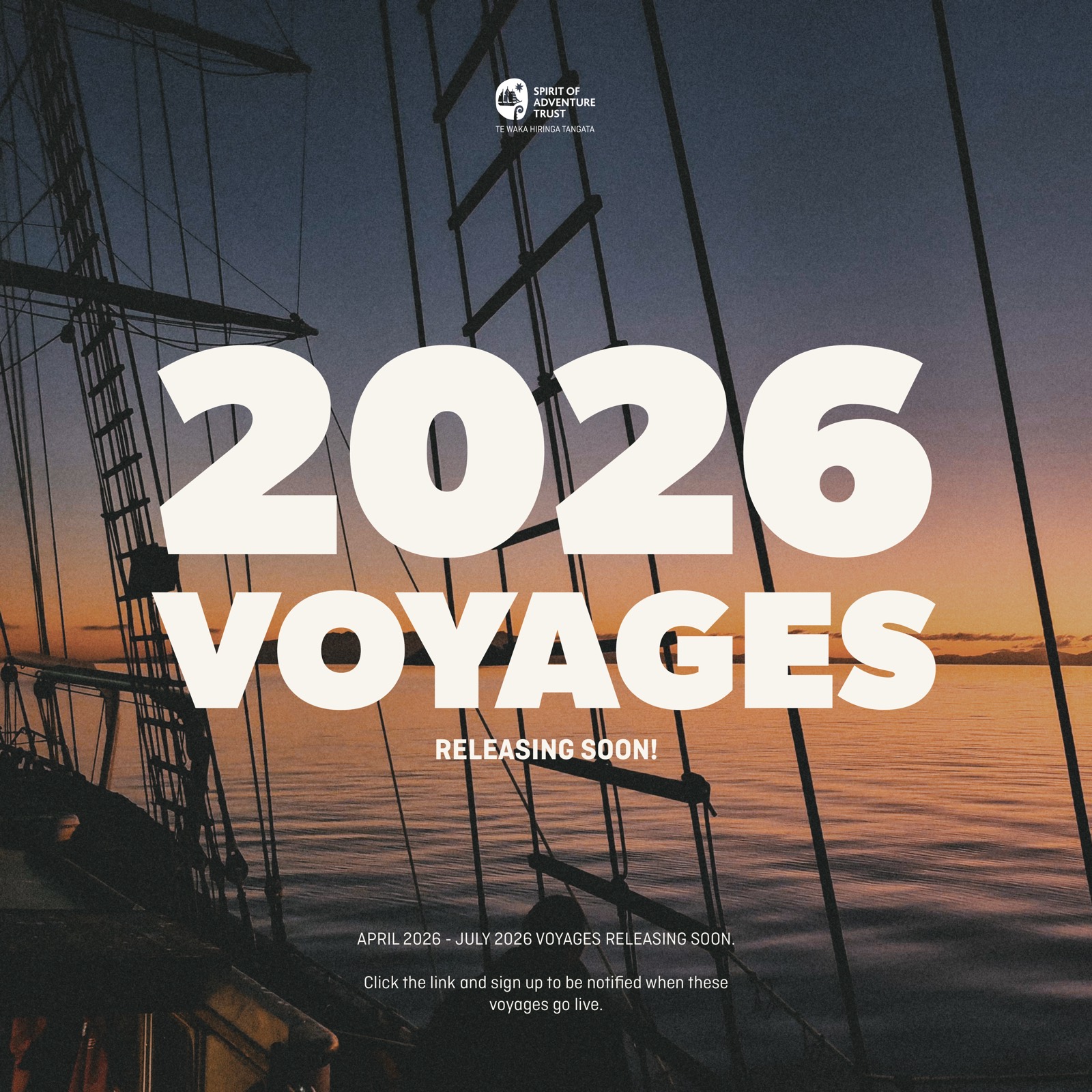 Social tile announcing the 2026 voyages, the ship silhouetted against a sunset